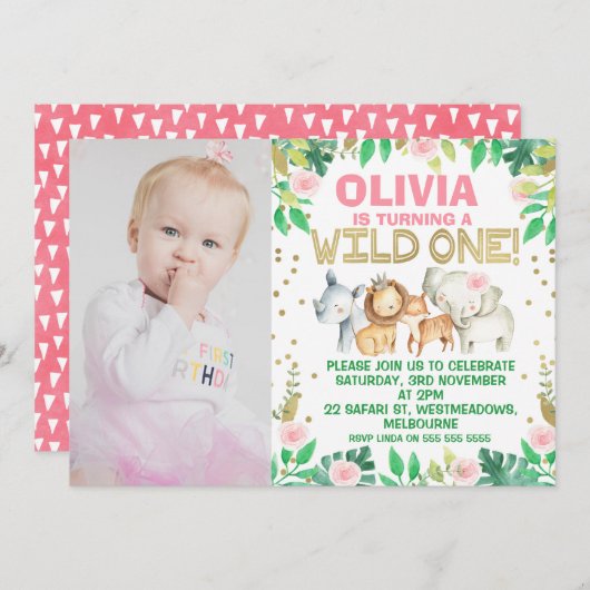 Foto Wild One Safari 1st Birthday Invitation Kaart (Voorkant / Achterkant)