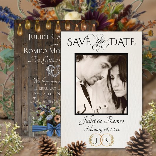 Foto, Wilde Bloemen & Blad Monogram - Blauw Save The Date