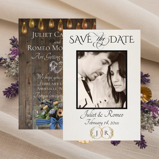 Foto, Wilde Bloemen & Blad Monogram - Blauw Save The Date