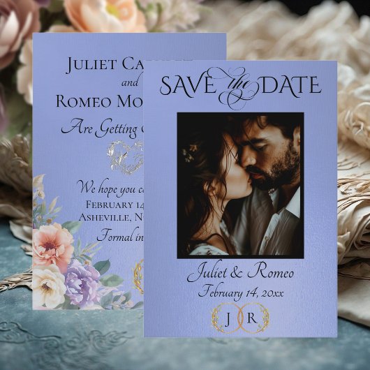Foto, Wilde Bloemen & Blad Monogram - Hemelblauw Save The Date
