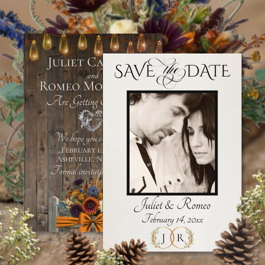 Foto, Wilde Bloemen & Blad Monogram - Koper Save The Date