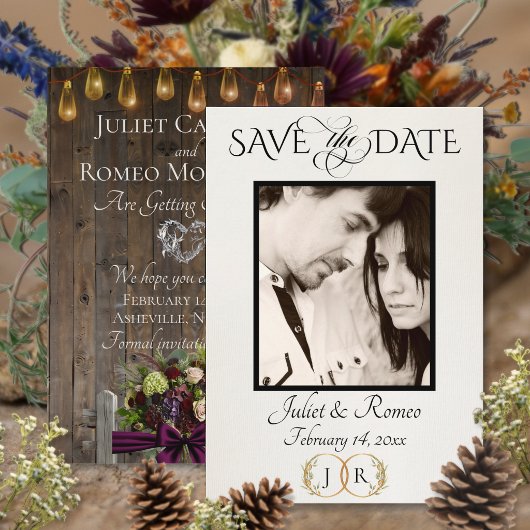 Foto, Wilde Bloemen & Blad Monogram - Plum Save The Date