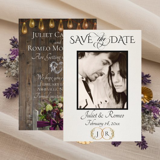 Foto, Wilde Bloemen & Blad Monogram - Plum Save The Date