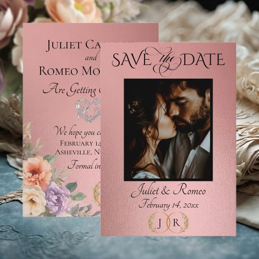 Foto, Wilde Bloemen & Blad Monogram - Roségoud Save The Date