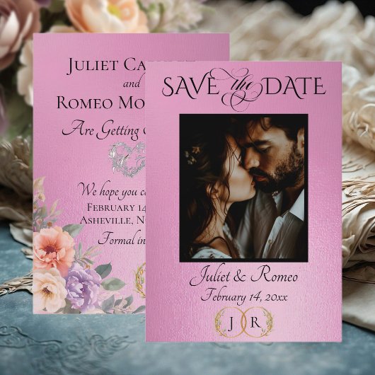 Foto, Wilde Bloemen & Blad Monogram - Roze Roos Save The Date