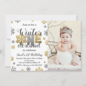 Foto Winter ONEderland Birthday Invitation Gold Kaart (Voorkant)