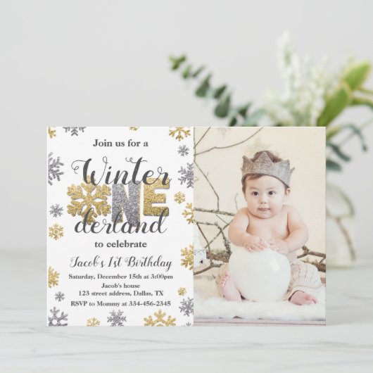 Foto Winter ONEderland Birthday Invitation Gold Kaart (Staand voorkant)