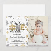 Foto Winter ONEderland Birthday Invitation Gold Kaart (Voorkant / Achterkant)