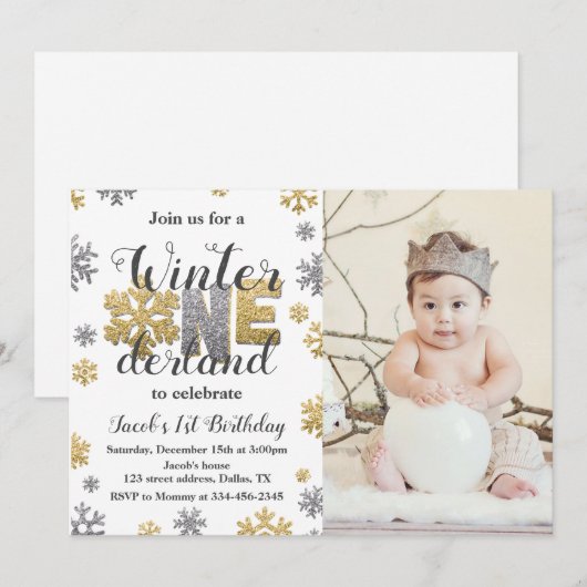 Foto Winter ONEderland Birthday Invitation Gold Kaart (Voorkant / Achterkant)