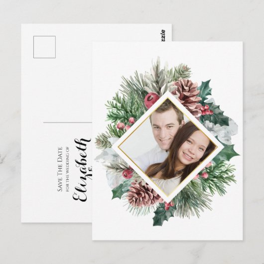 Foto Winter Pinecones en Holly Save the Date Briefkaart (Voorkant / Achterkant)