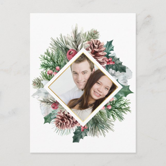 Foto Winter Pinecones en Holly Save the Date Briefkaart (Voorkant)
