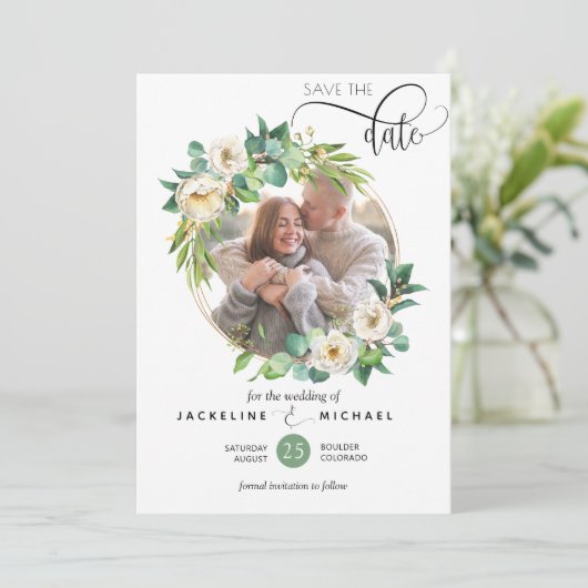 Foto, Wit en Groen Bruiloft Save the Date (Staand voorkant)