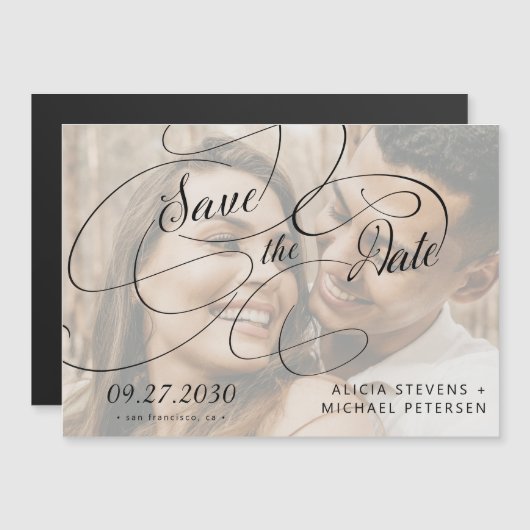 Foto wit en zwart script bruiloft opslaan van de d magnetische uitnodiging (Voorkant / Achterkant)