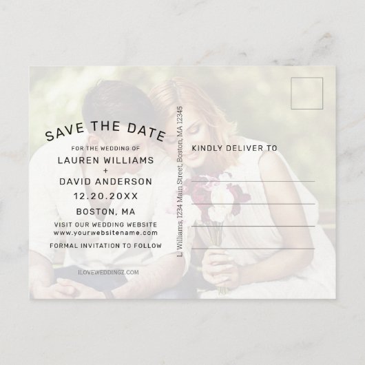 Foto Wit Script op Black Wedding Save the Date Aankondigingskaart (Achterkant)