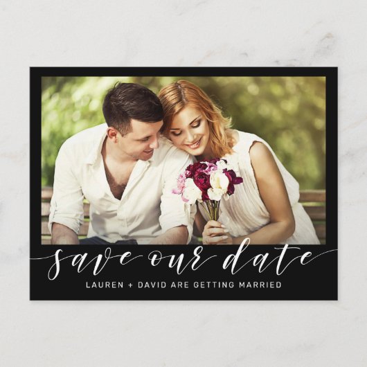 Foto Wit Script op Black Wedding Save the Date Aankondigingskaart (Voorkant)