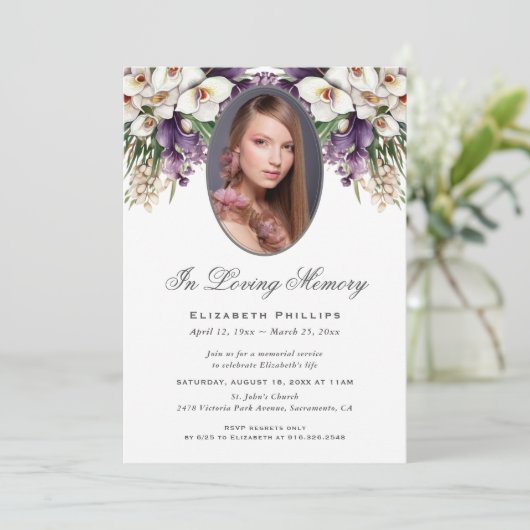 Foto Witte Paarse Orchidee begrafenis herdenkingsd Kaart (Staand voorkant)