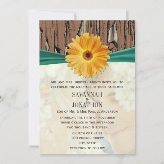 Foto  Wood Emerald Gerber Daisy Wedding Kaart (Voorkant)