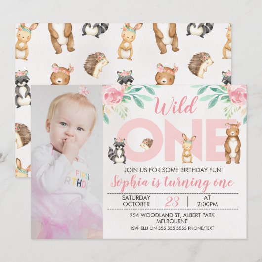 Foto Woodland Animals 1st Birthday Invitation Kaart (Voorkant / Achterkant)