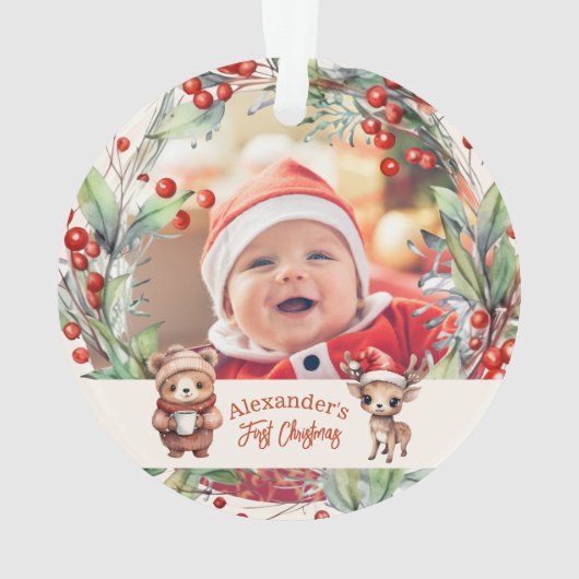 Foto Woodland Animals Baby Eerste Kerstmis Ornament (achterkant)