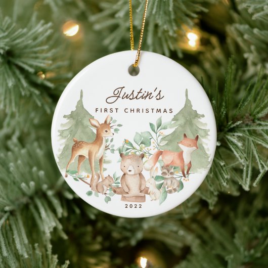Foto Woodland Animals Baby's Eerste Kerstmis Keramisch Ornament (Boom)
