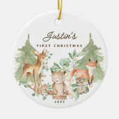 Foto Woodland Animals Baby's Eerste Kerstmis Keramisch Ornament (Voorkant)