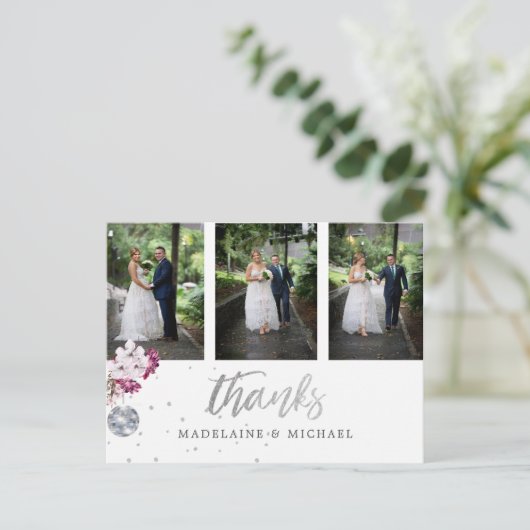 Foto: x 3 Elegant Wedding Silver Disco Bedankt Briefkaart (Staand voorkant)