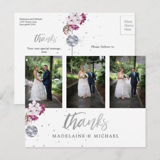 Foto: x 3 Elegant Wedding Silver Disco Bedankt Briefkaart (Voorkant / Achterkant)