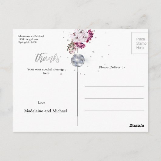 Foto: x 3 Elegant Wedding Silver Disco Bedankt Briefkaart (Achterkant)