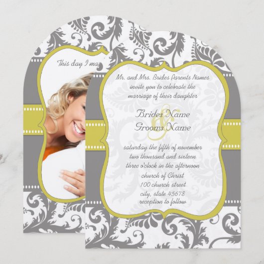 Foto Yellow & Grey  Damask Wedding Invite Kaart (Voorkant / Achterkant)