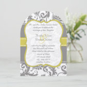 Foto Yellow & Grey  Damask Wedding Invite Kaart (Staand voorkant)