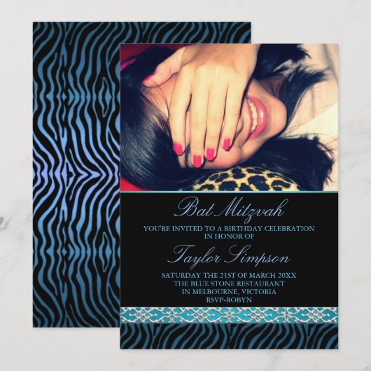 Foto Zebra Print Bat Mitswa Verjaardag uitnodiging (Voorkant / Achterkant)