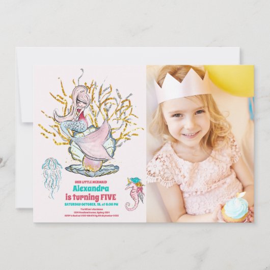 Foto Zeemeermin Goud Glitter Verjaardagsfeest Kaart (Voorkant)