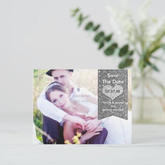 FOTO Zilver GLITTER hart SAVE THE DATE Briefkaart (Staand voorkant)