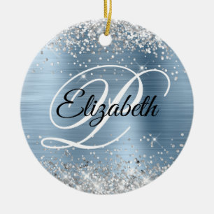 Foto Zilver Glitter Lichtblauwe Folie Monogram Keramisch Ornament