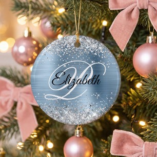 Foto Zilver Glitter Lichtblauwe Folie Monogram Keramisch Ornament