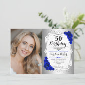 Foto Zilver Wit Koningsblauw 50ste Verjaardag Kaart (Staand voorkant)