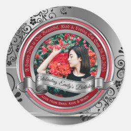 Foto Zilver Zwart Bloeien Elegant Banner Rood Ronde Sticker