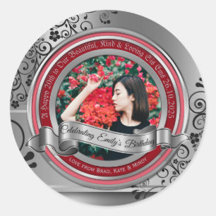 Foto Zilver Zwart Bloeien Elegant Banner Rood Ronde Sticker