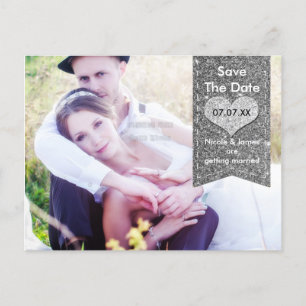 FOTO Zilveren GLITTER hart SAVE THE DATE Ansichtka Aankondigingskaart