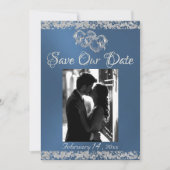 Foto, Zilveren Harten & Glitter - Blauw Save The Date (Voorkant)