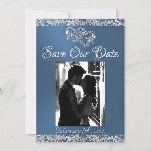 Foto, Zilveren Harten & Glitter - Blauw Save The Date (Voorkant)