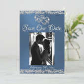 Foto, Zilveren Harten & Glitter - Blauw Save The Date (Staand voorkant)