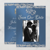 Foto, Zilveren Harten & Glitter - Blauw Save The Date (Voorkant / Achterkant)