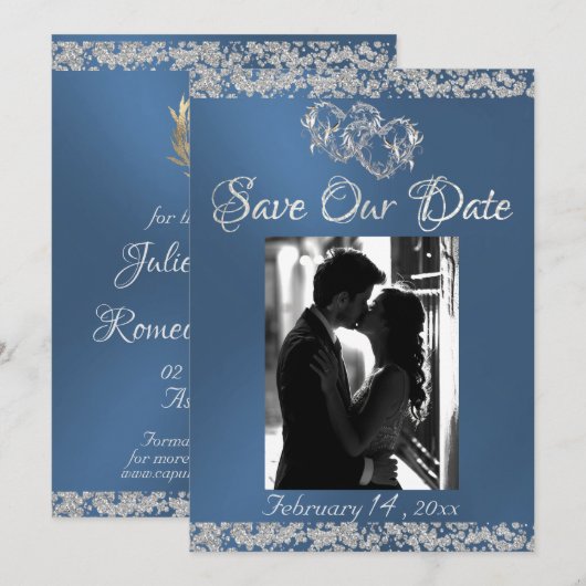 Foto, Zilveren Harten & Glitter - Blauw Save The Date (Voorkant / Achterkant)