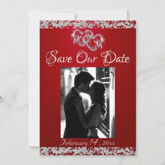 Foto, Zilveren Harten & Glitter - Crimson Red Save The Date (Voorkant)