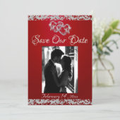 Foto, Zilveren Harten & Glitter - Crimson Red Save The Date (Staand voorkant)