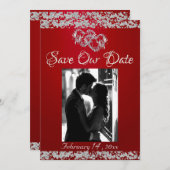 Foto, Zilveren Harten & Glitter - Crimson Red Save The Date (Voorkant / Achterkant)
