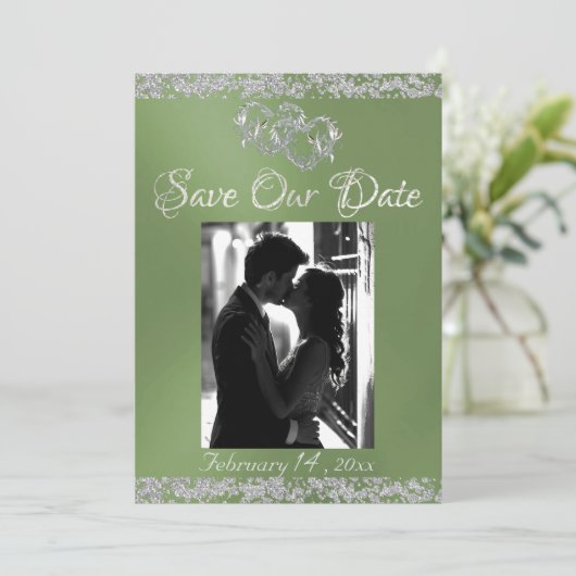 Foto, Zilveren Harten & Glitter - Sage Save The Date (Staand voorkant)