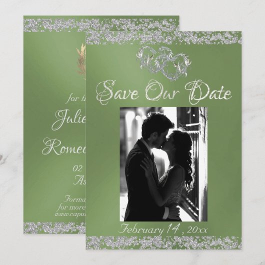 Foto, Zilveren Harten & Glitter - Sage Save The Date (Voorkant / Achterkant)