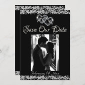 Foto, Zilveren Harten & Glitter - Zwart Save The Date (Voorkant / Achterkant)